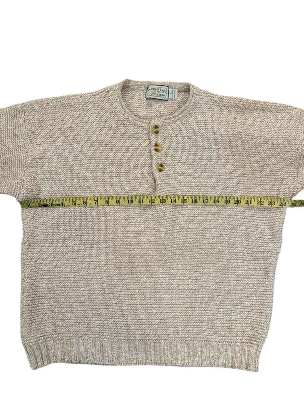 Vintage Y2K American Eagle Henley Sweater Tan Cotton USA XL Textured Rolled Neck - Picture 8 of 13